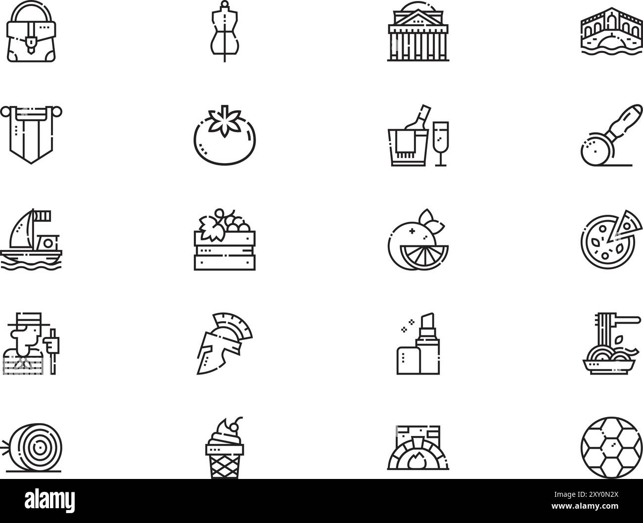 Die Icons-Kollektion für Italien ist eine Vektorillustration mit bearbeitbarem Kontur. Stock Vektor