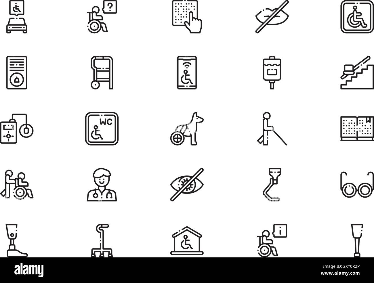 Die Sammlung von Symbolen für die Unterstützung behinderter Menschen ist eine Vektorillustration mit bearbeitbarem Strich. Stock Vektor