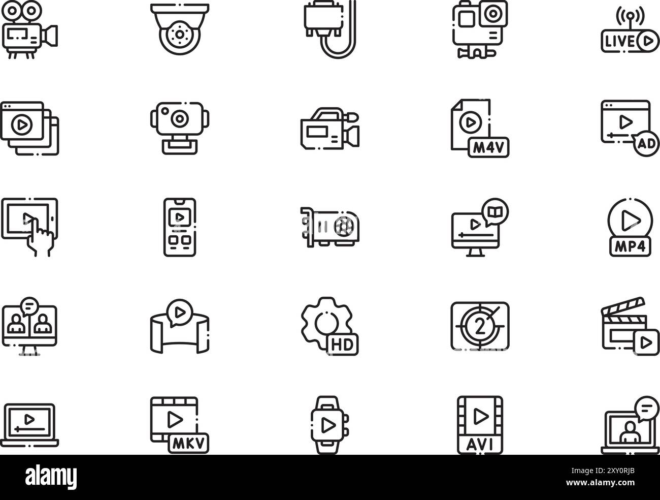 Die Sammlung von Videosymbolen ist eine Vektorillustration mit bearbeitbarer Kontur. Stock Vektor