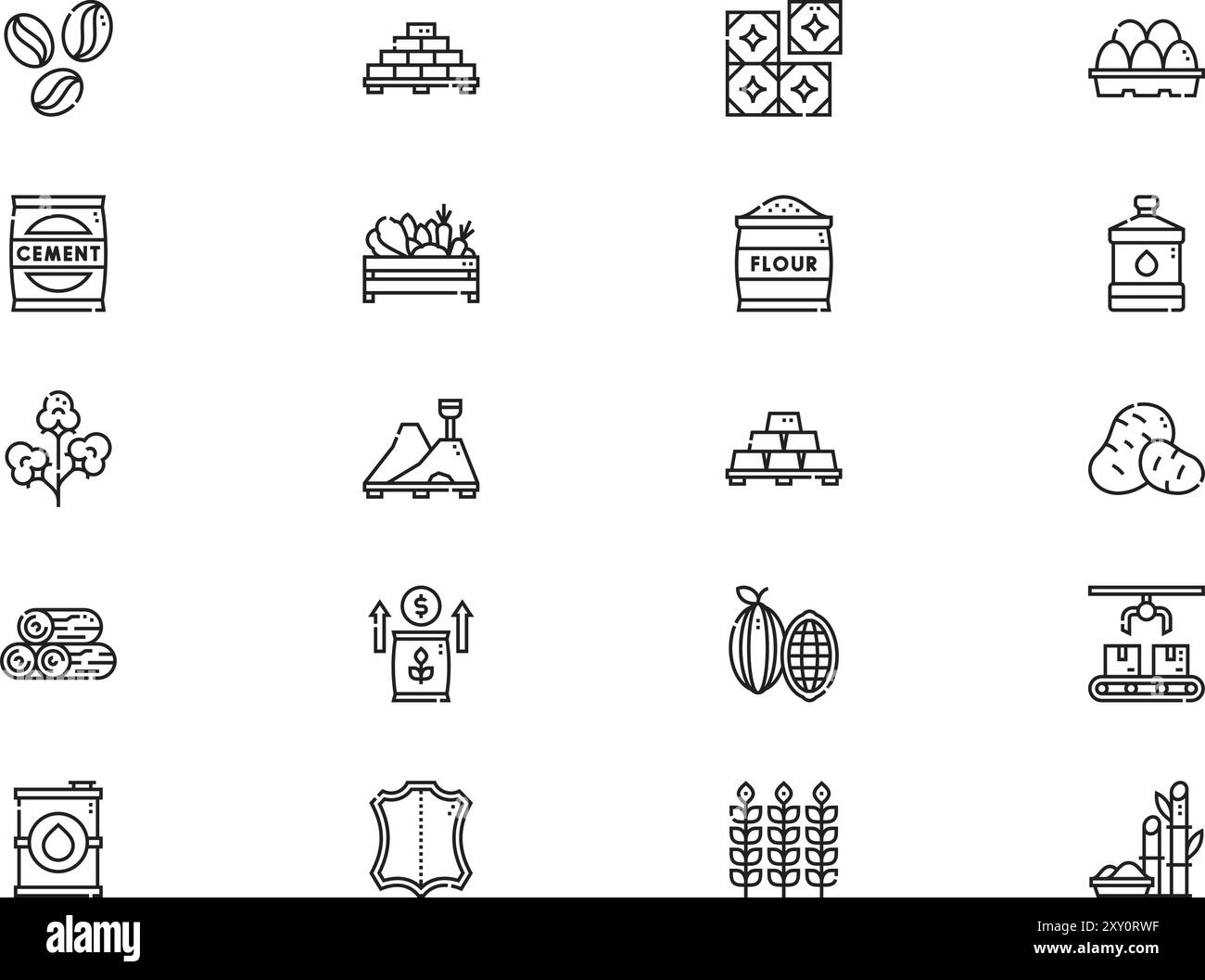 Die Sammlung der Symbole für Rohmaterialien ist eine Vektorillustration mit bearbeitbarer Kontur. Stock Vektor