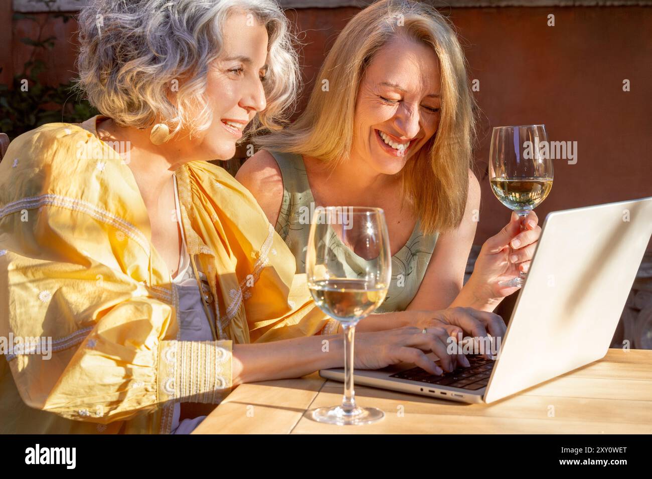 Zwei Frauen mittleren Alters verbringen einen fröhlichen Moment bei Wein und einem Laptop im Freien. Beide lächeln und schauen auf den Laptop-Bildschirm. Stockfoto