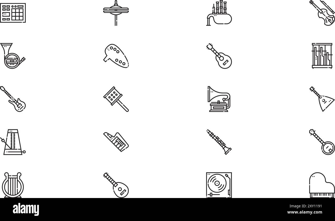 Die Sammlung der Symbole von Musikinstrumenten ist eine Vektorillustration mit bearbeitbarem Strich. Stock Vektor