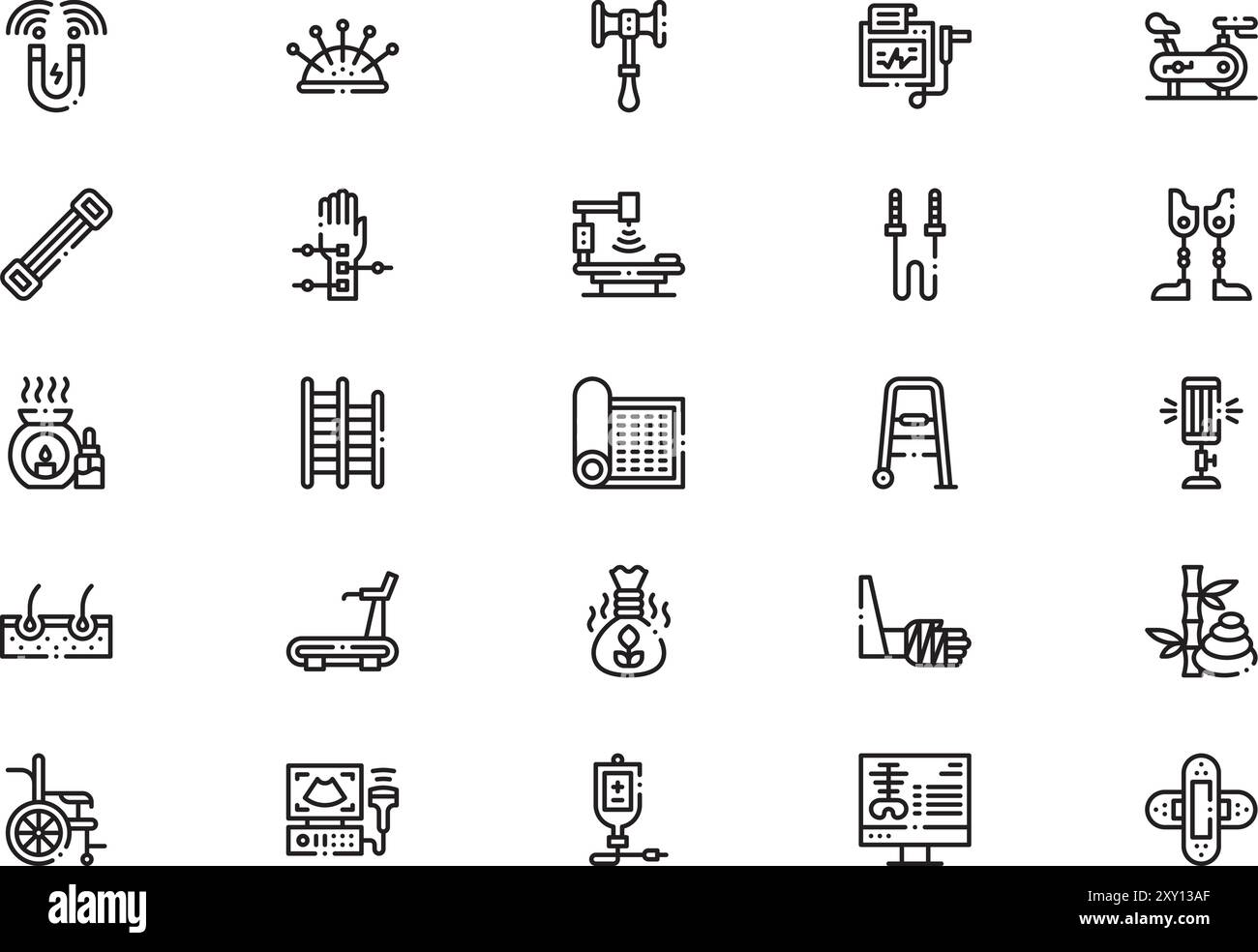 Die Sammlung der Symbole für die Physiotherapie ist eine Vektorillustration mit bearbeitbarem Schlaganfall. Stock Vektor