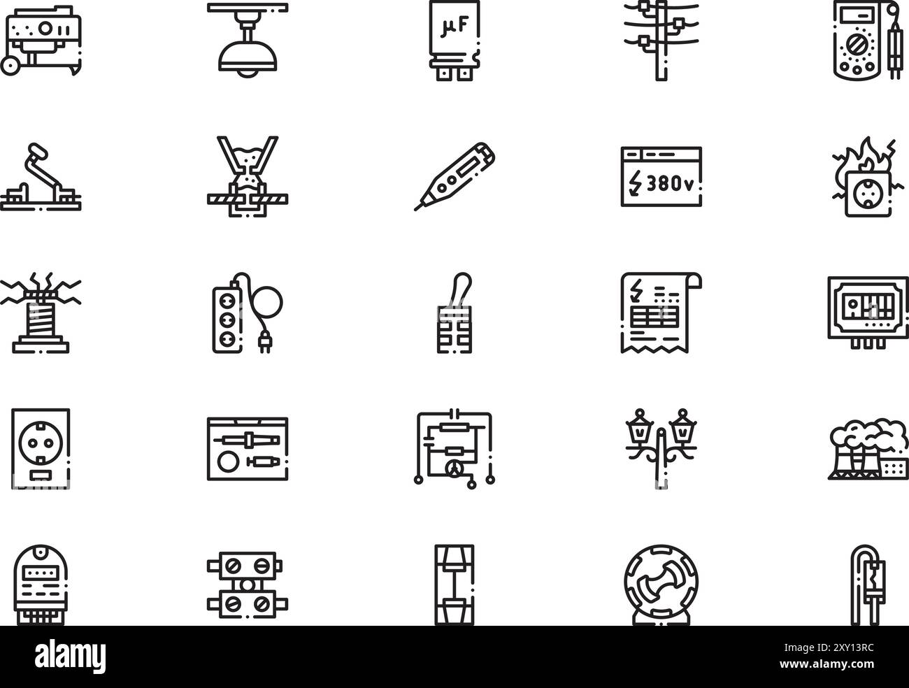 Die Sammlung der Symbole Elektrizität ist eine Vektorillustration mit bearbeitbarem Kontur. Stock Vektor