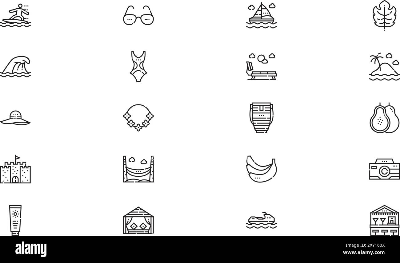 Die Kollektion Tropical Icons ist eine Vektorillustration mit bearbeitbarem Strich. Stock Vektor