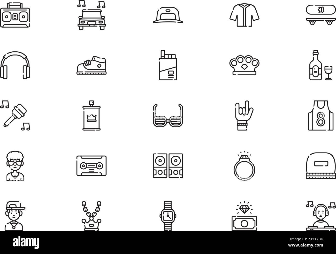 Hip-Hop-Symbole. Die Sammlung ist eine Vektorillustration mit bearbeitbarer Kontur. Stock Vektor