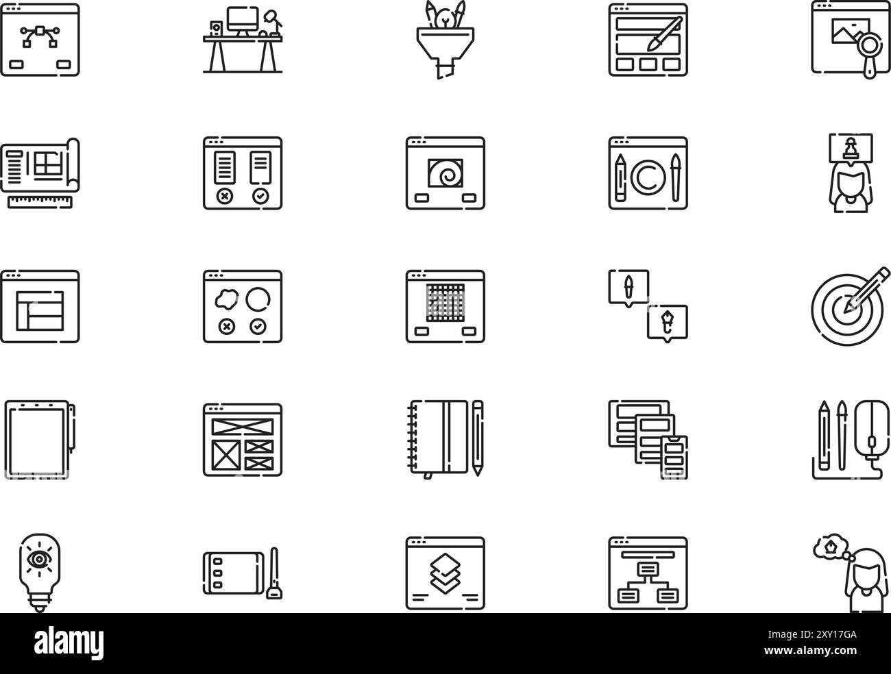 Die Kollektion Design Thinking Icons ist eine Vektorillustration mit bearbeitbarer Kontur. Stock Vektor