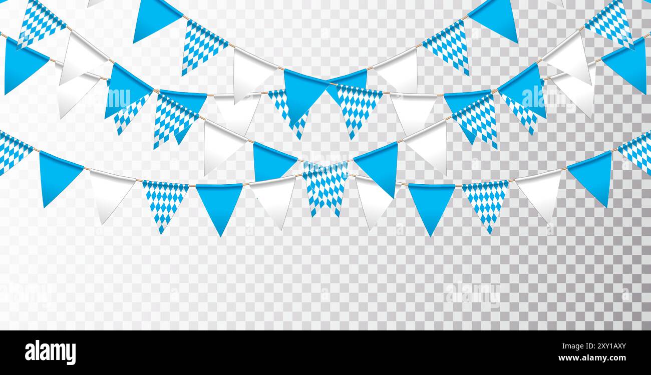 Blau und weiß Bayern Party Flag Girlande isoliert auf sauberem Hintergrund. Vektor-Oktoberfest-Illustration für traditionelles deutsches Bierfest. Urlaub Stock Vektor