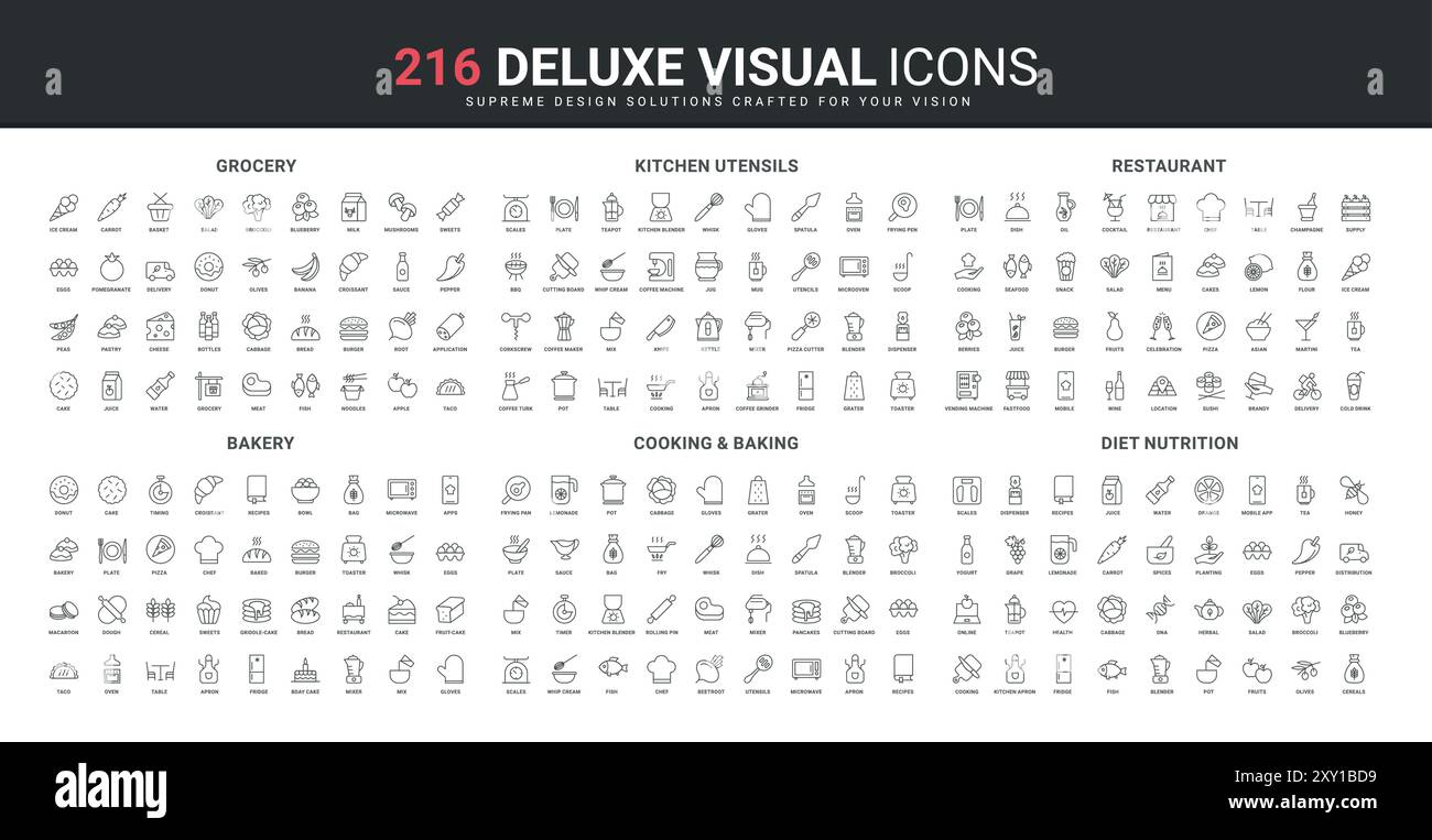 Bäckerei, Lebensmittel und Diät, Küchenutensilien im Restaurant, Icon Set für Ernährungslinien. Küchenutensilien, Rezept zum Kochen und Backen, Online-Lieferservice dünne schwarze Umrisssymbole Vektor-Illustration Stock Vektor