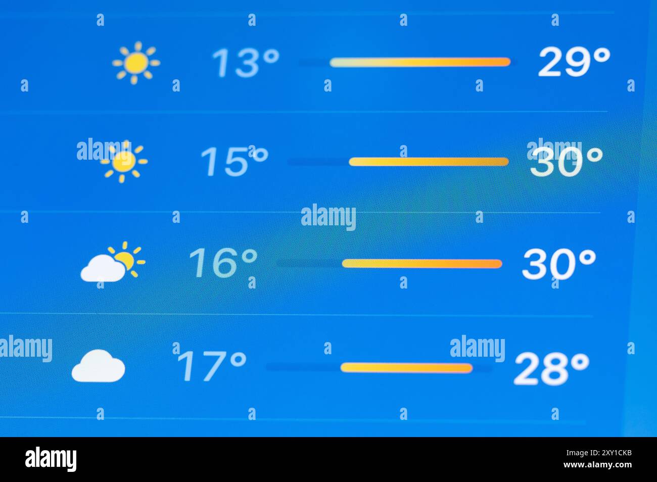 Rottweil, Deutschland. August 2024. Temperaturen bis zu 30 Grad Celsius und Sonnenschein werden in einer Wetter-App auf dem Display eines iPhone angezeigt. Quelle: Silas Stein/dpa/Alamy Live News Stockfoto