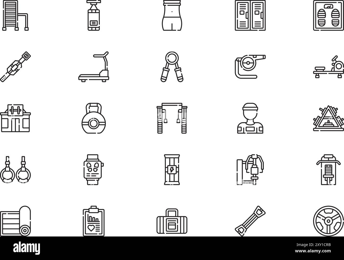Die Kollektion „Gym Icons“ ist eine Vektorillustration mit bearbeitbarem Strich. Stock Vektor