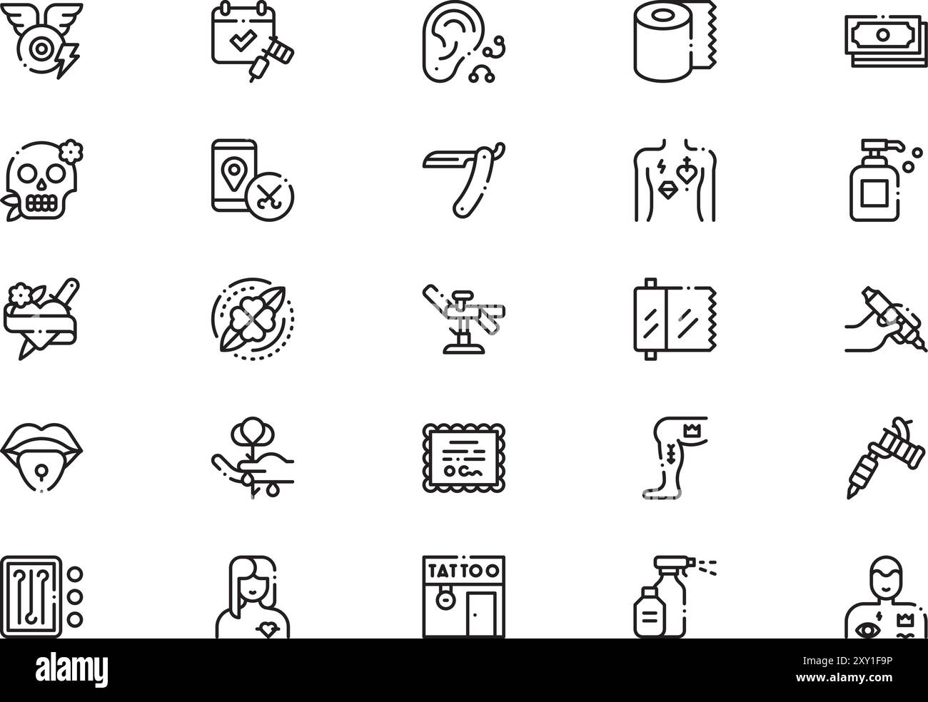 Tattoo Studio Icons Kollektion ist eine Vektorillustration mit bearbeitbarem Strich. Stock Vektor