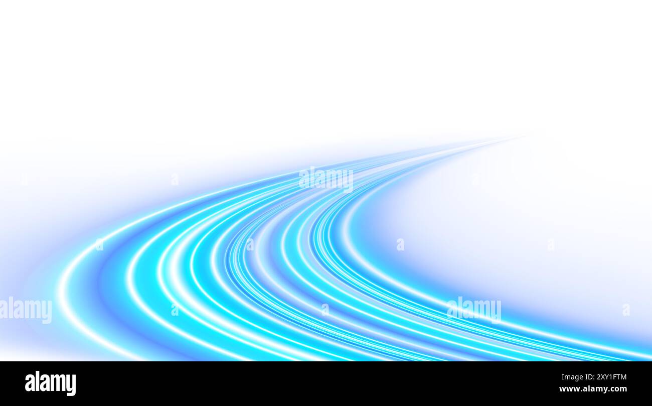 Blaue und weiße Hochgeschwindigkeitslinien. Dynamische Lichtspuren auf weißem Hintergrund. Stockfoto