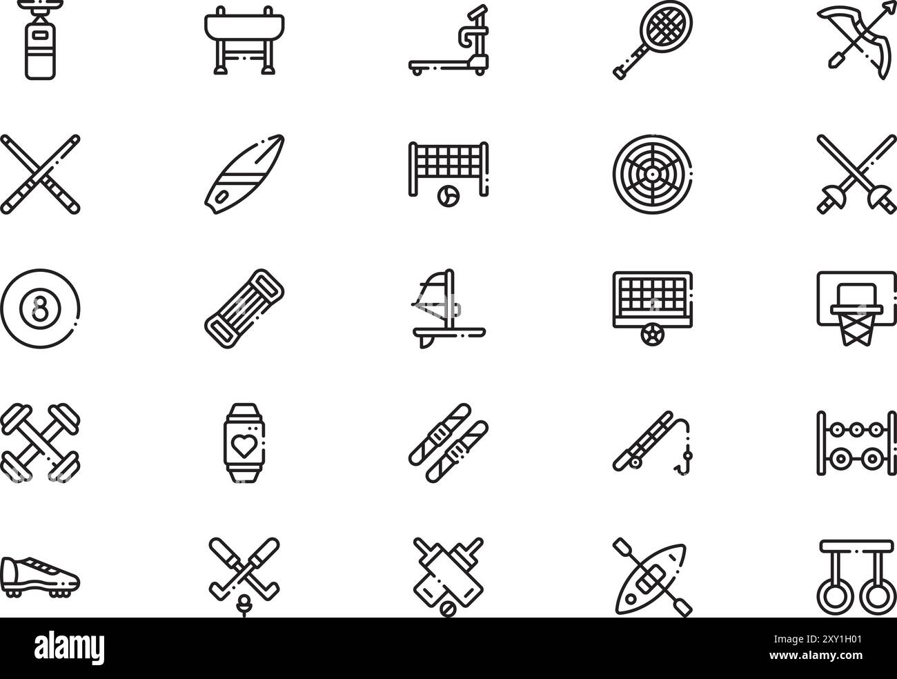 Die Kollektion Sport Equipment Icons ist eine Vektorillustration mit bearbeitbarem Strich. Stock Vektor
