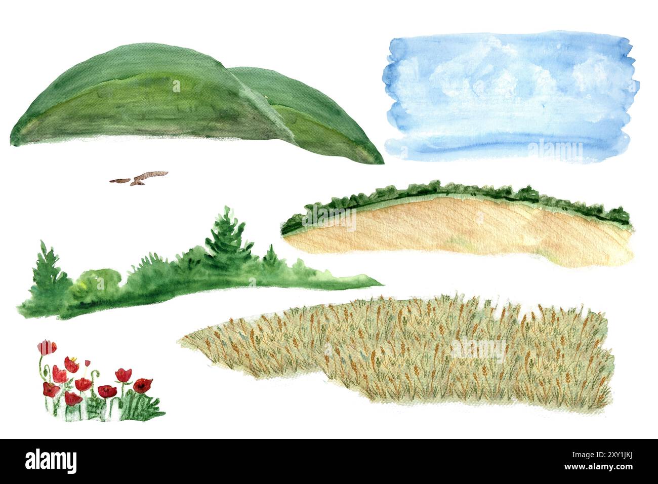 Weizenfelder mit Buschrändern, Drachen, Hügeln, Himmel und Mohnblumen Aquarell isoliert auf weiß. Handgemalte Natur, Landschaftsgestaltungselemente Stockfoto