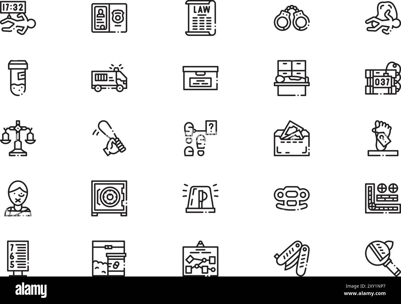 Die Sammlung von Kriminalsymbolen ist eine Vektorillustration mit bearbeitbarem Kontur. Stock Vektor
