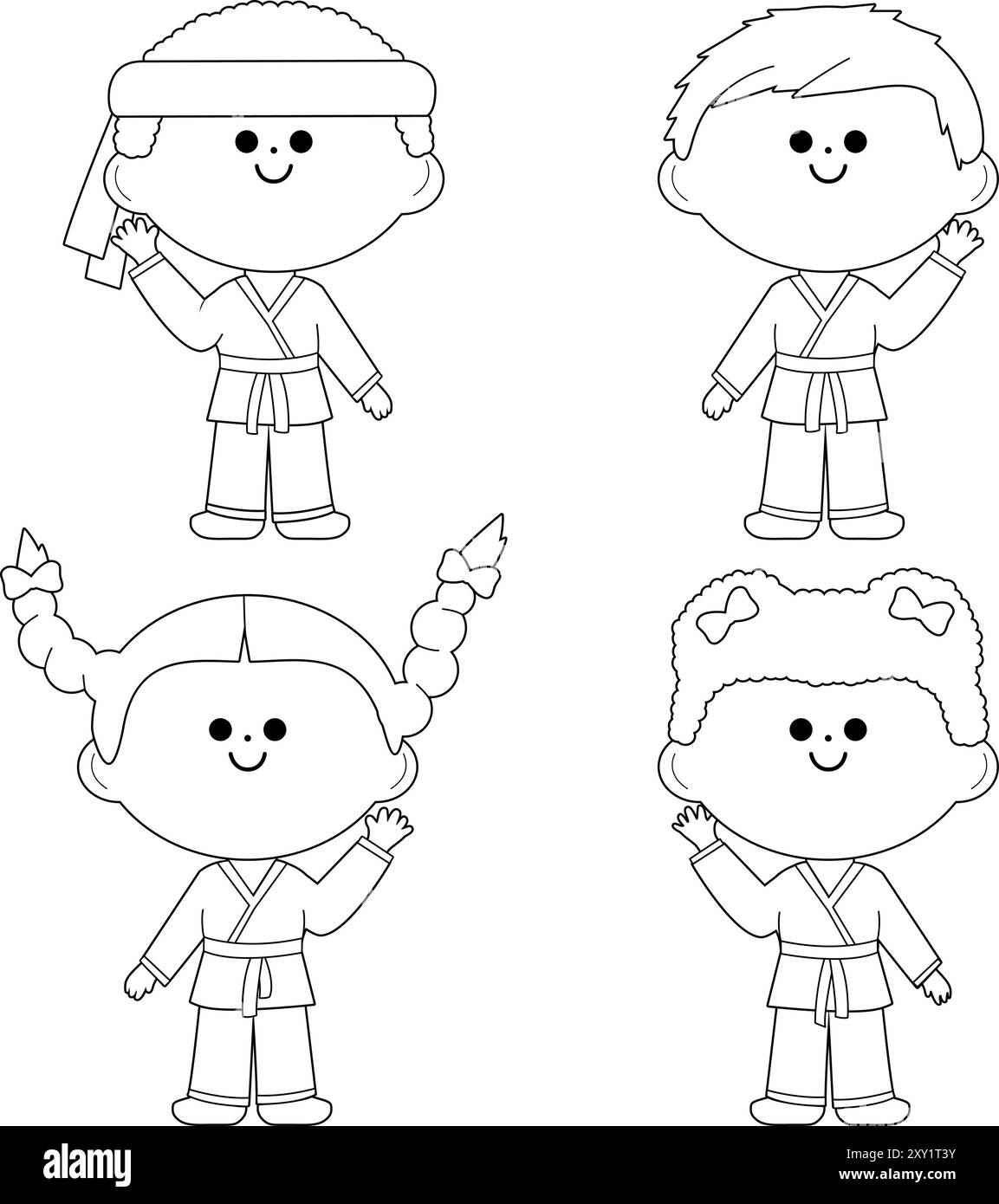 Kindergruppe in Kampfkunstuniformen. Karate-Kinder-Athleten, Jungen und Mädchen. Vektor-Schwarzweiß-Farbseite. Stock Vektor