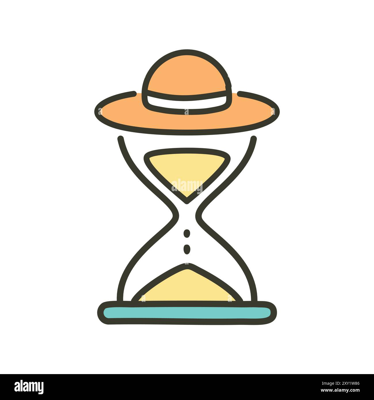 Die Zeit vergeht mit einem Sonnenhut. Eine farbenfrohe Sanduhr mit einem Sommerhut auf der Oberseite, die symbolisiert, dass die Zeit auch während des Urlaubs und der Freizeit voranschreitet Stock Vektor