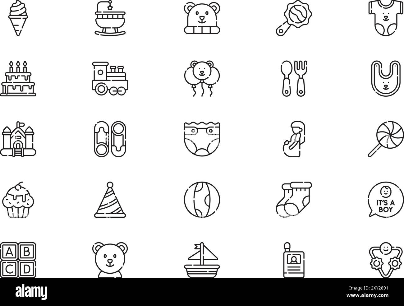 Die Kollektion Baby Shower Icons ist eine Vektorillustration mit bearbeitbarem Strich. Stock Vektor