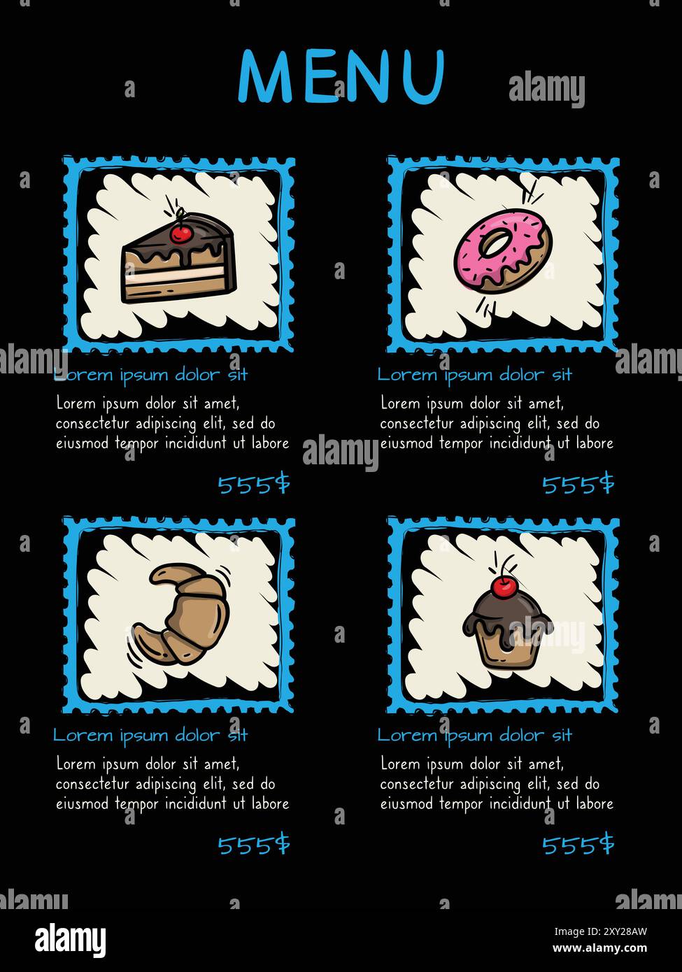 Einfache schwarze, handgezeichnete Menüvorlage. Illustration von Kuchen, Brownie, Donut, Croissant. Design für Cafés, Restaurants Stock Vektor