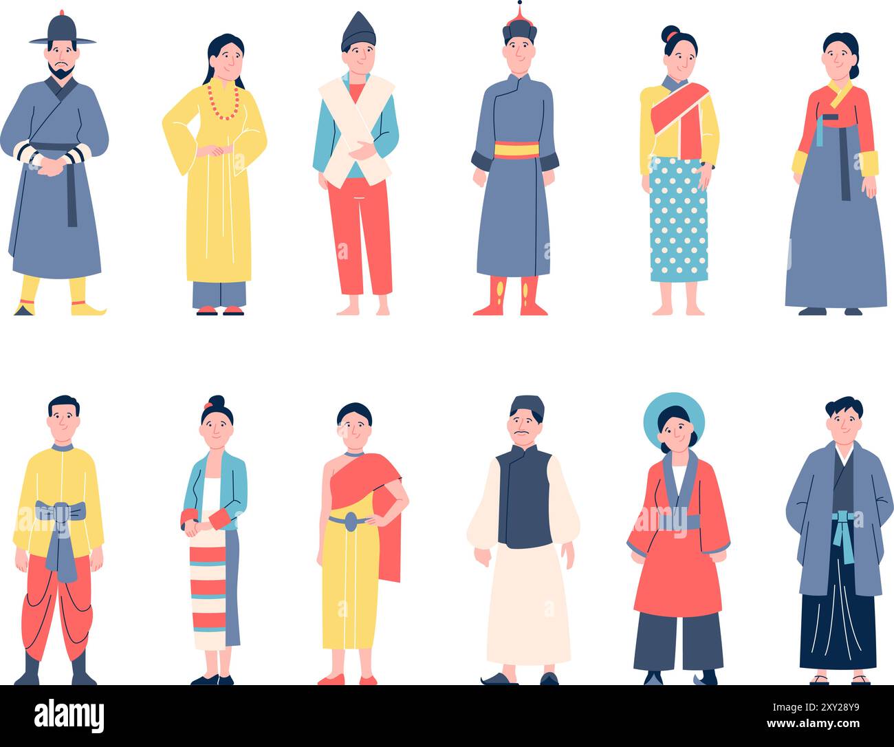 Asiatische Zeichen. Menschen in traditionellen Outfits, chinesisch-koreanisch-japanisch. Männliche Frau aus asien, nationale ethnische jüngste Vektor Stock Vektor