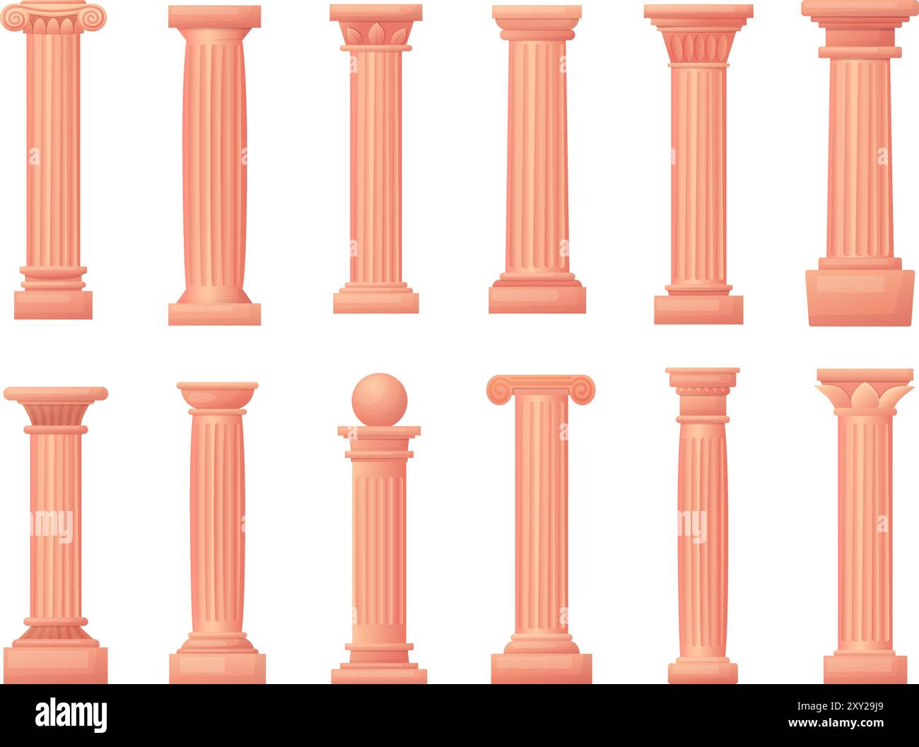 Karikatursäulen. Griechischer Tempel, antike Säule und Säulen. Römische Architekturelemente, antike Säule mit Ornamenten, Collonada heutzutage Vektorset Stock Vektor