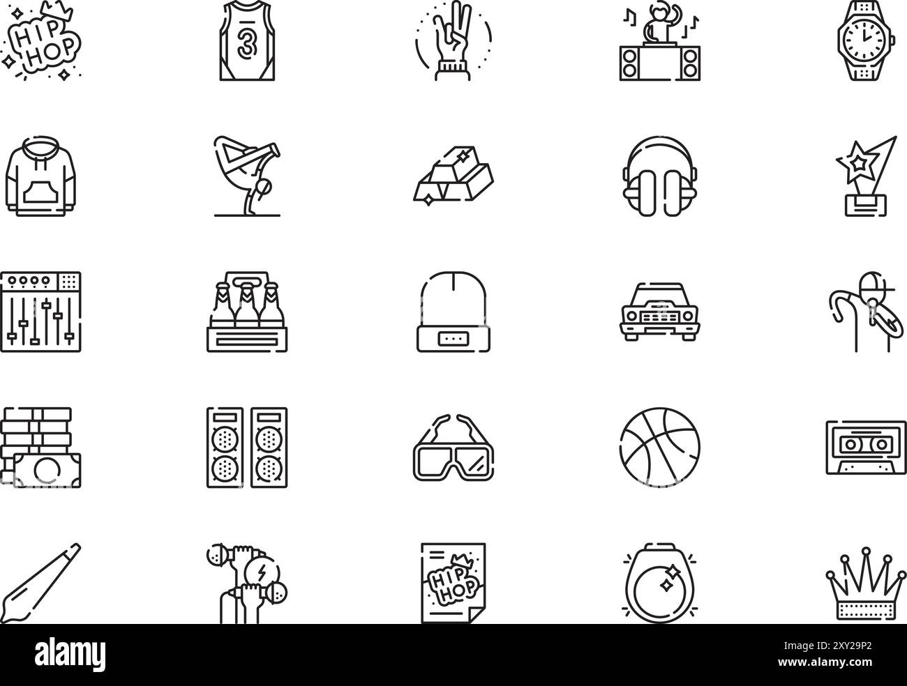 Die Hip-Hop-Icons-Kollektion ist eine Vektorillustration mit bearbeitbarem Strich. Stock Vektor