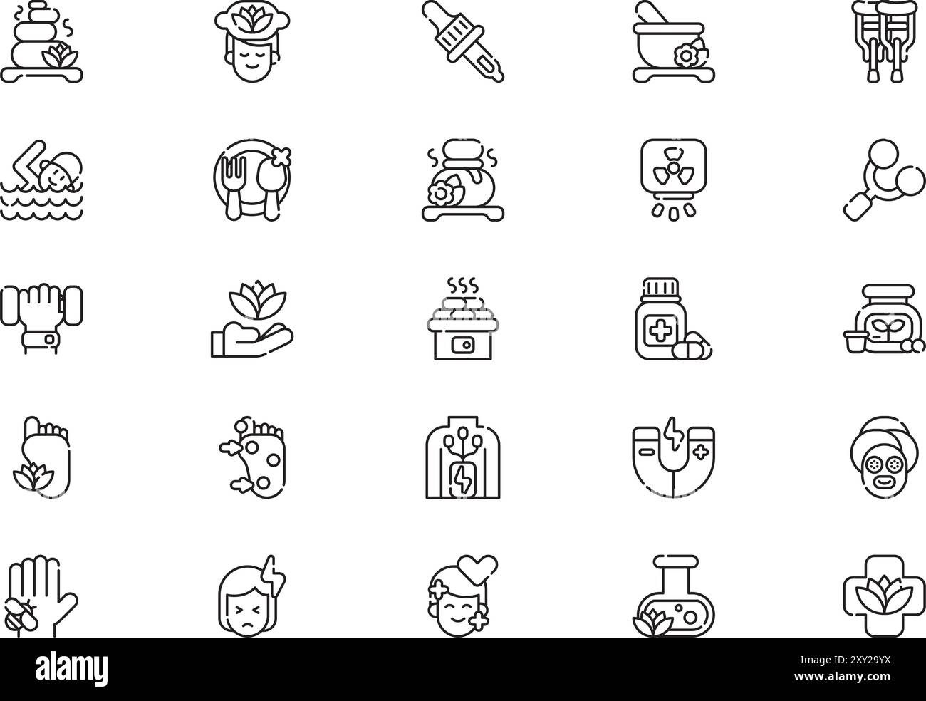 Die Sammlung Therapy Icons ist eine Vektorillustration mit bearbeitbarem Kontur. Stock Vektor
