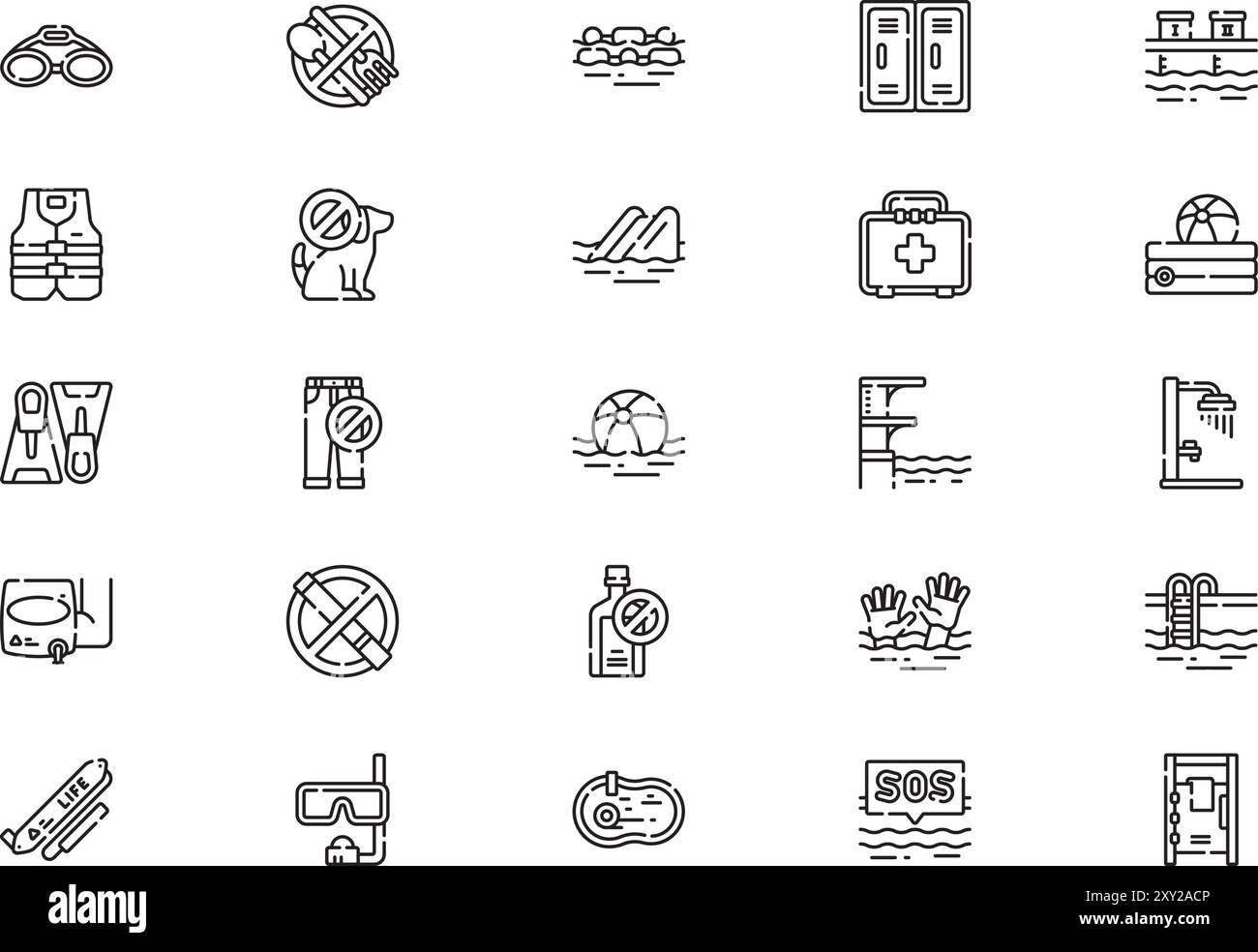 Die Kollektion „Swimming Pool Icons“ ist eine Vektorillustration mit bearbeitbarem Strich. Stock Vektor
