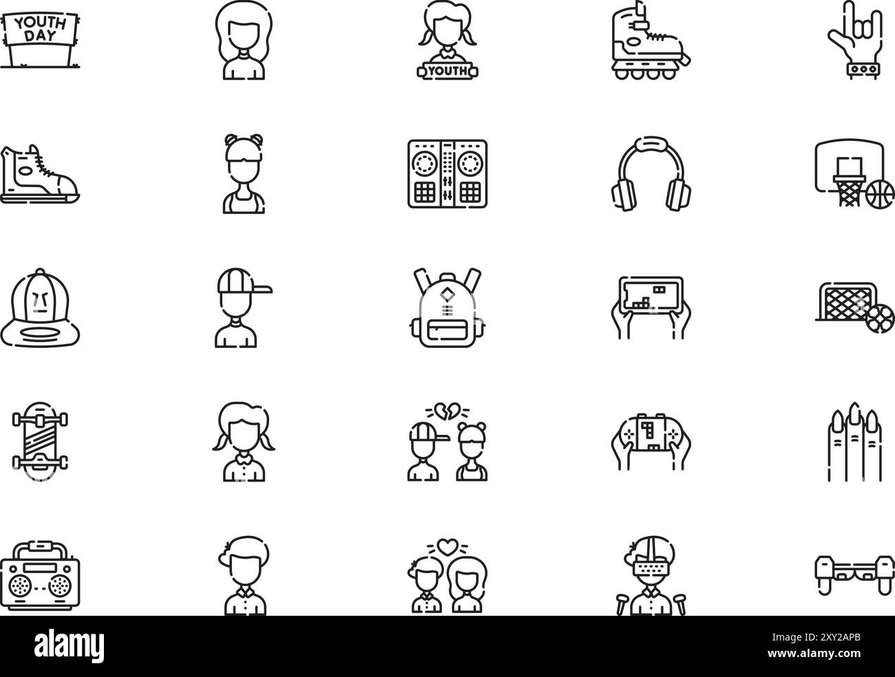 Die Kollektion Youth Icons ist eine Vektorillustration mit bearbeitbarem Strich. Stock Vektor