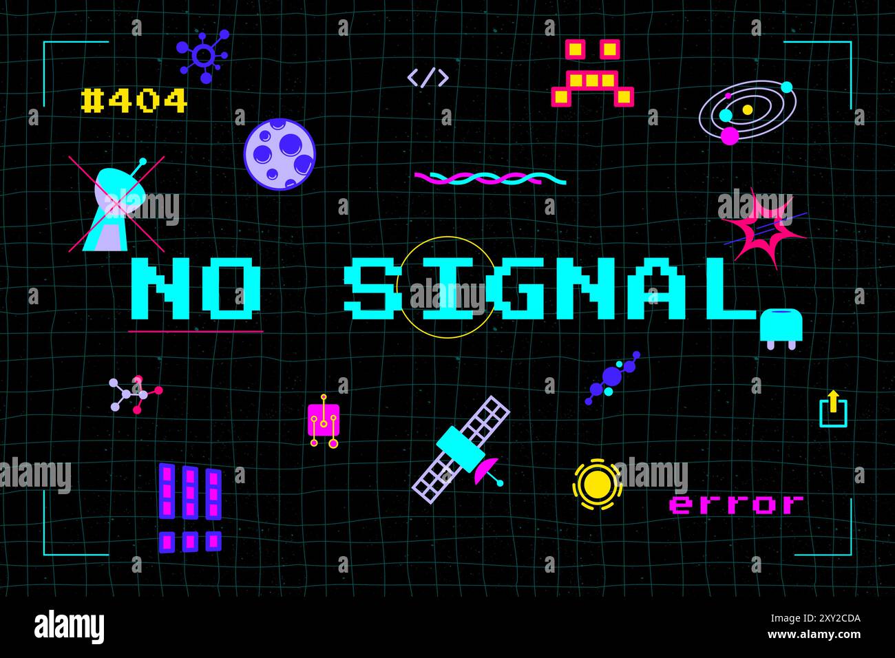 Ein farbenfroher Hintergrund mit einem schwarzen Text, der in Neonblau „kein Signal“ sagt. Eine neonbeleuchtete Landschaft aus Elementen des Weltraumzeitalters, einschließlich Sputniks und Sonnensystemen Stock Vektor