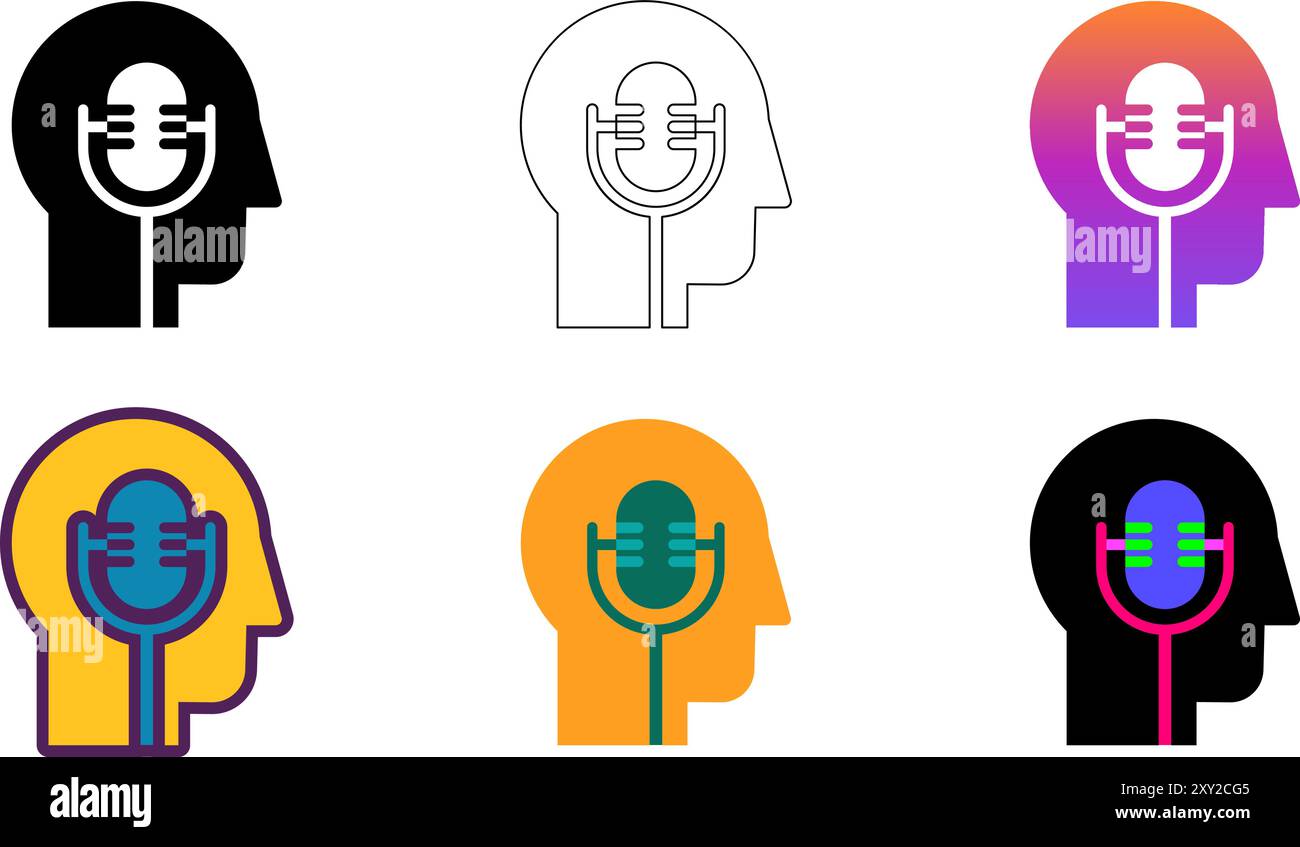 Podcast-Logosymbole, die Kopf- und Mikrofon-Silhouetten kombinieren und die Verbindung zwischen Gedanken und Stimme symbolisieren. Variationen sind Minimalist, gradi Stock Vektor