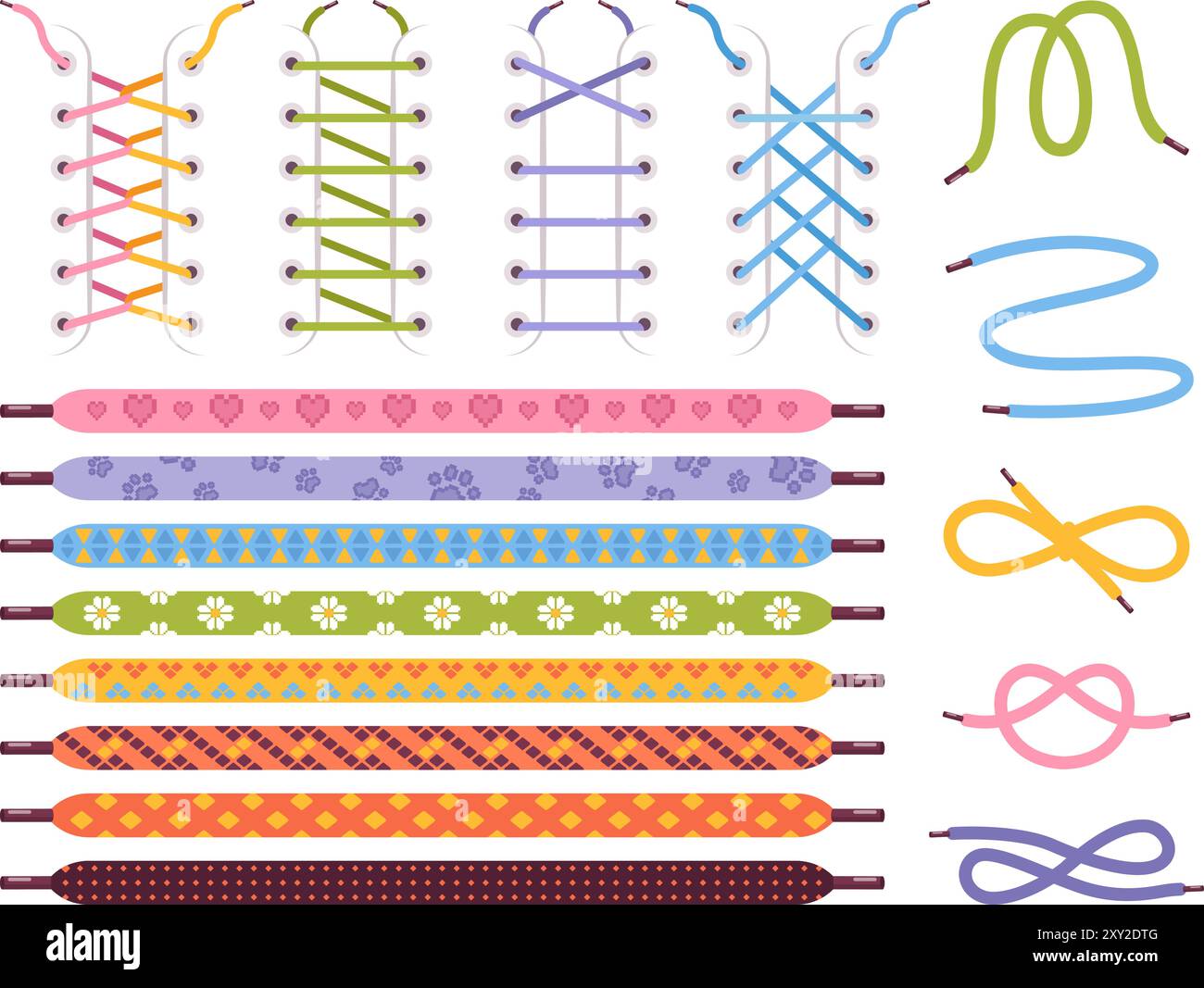 Bunte Schnürsenkel. Schuh Spitze Schuhe Schnur binden, Schuhe Schnürsenkel Knoten Stiefel Seil Krawatte Schnur Join Pull gebunden Schnürsenkel Sneaker Kleidung Sport Schnürung, Set Swanky Vektor Illustration Original Artwork Stock Vektor