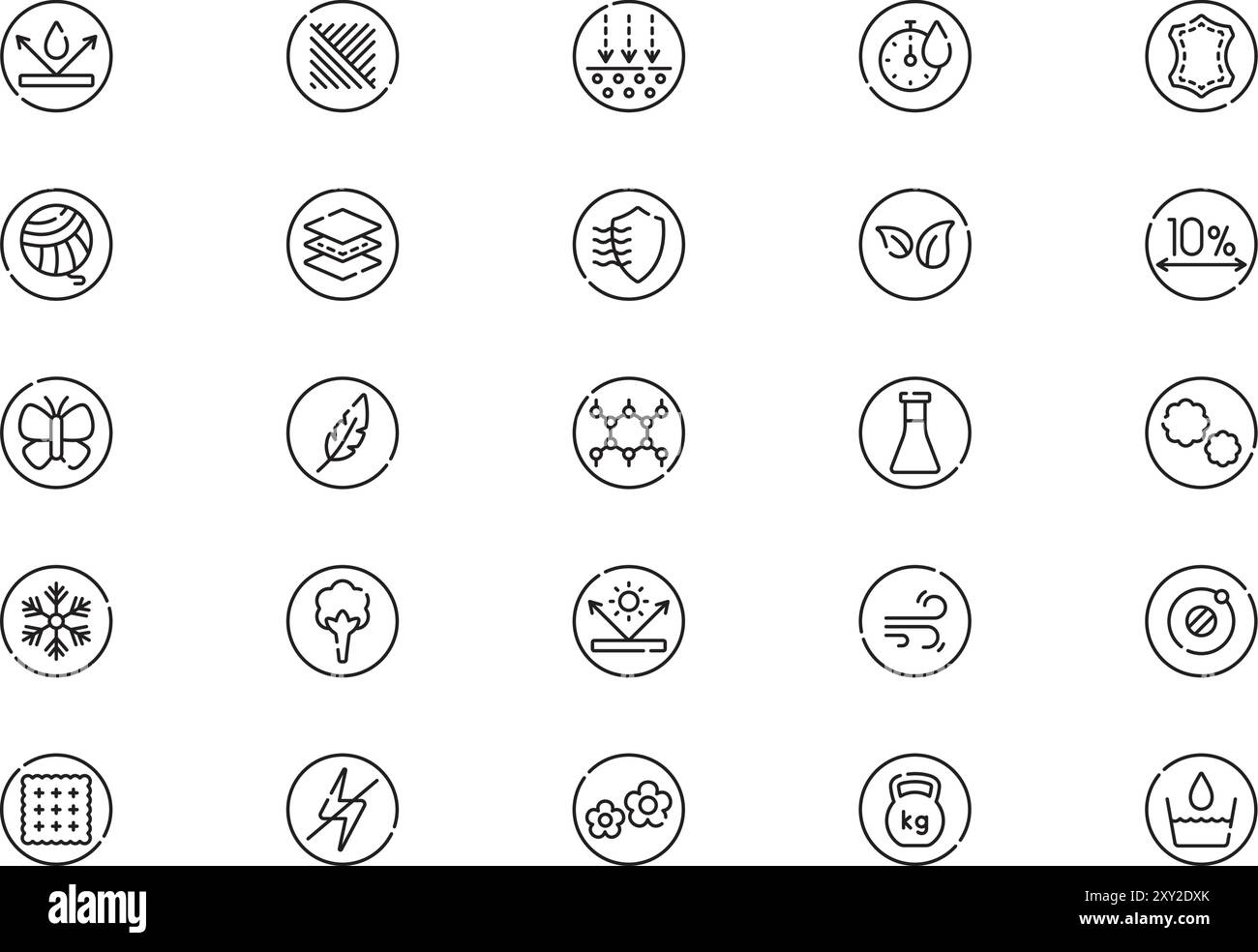 Die Kollektion „Fabric Features Icons“ ist eine Vektorillustration mit bearbeitbarer Kontur. Stock Vektor