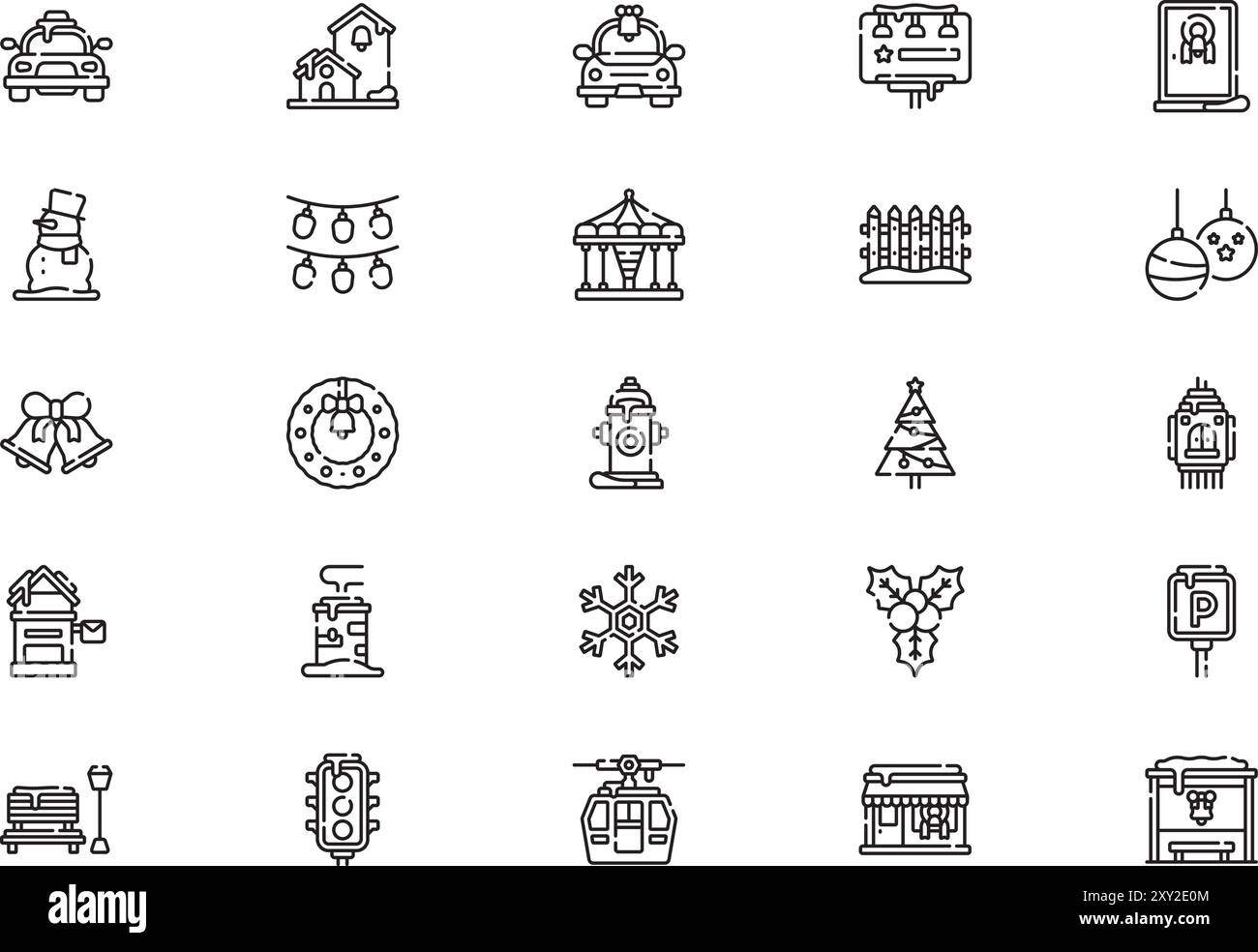 Die Kollektion Christmas City Icons ist eine Vektorillustration mit bearbeitbarem Strich. Stock Vektor