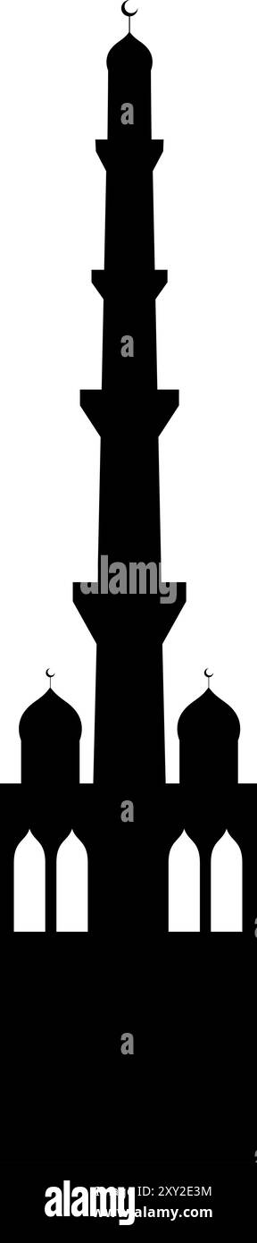Schwarze Silhouette der Moschee in arabischer Architektur. Moscheedach, islamisches Stadtpanorama und Silhouetten der Minarett-Skyline für islamische Feiertage Ramadan, Eid Stock Vektor