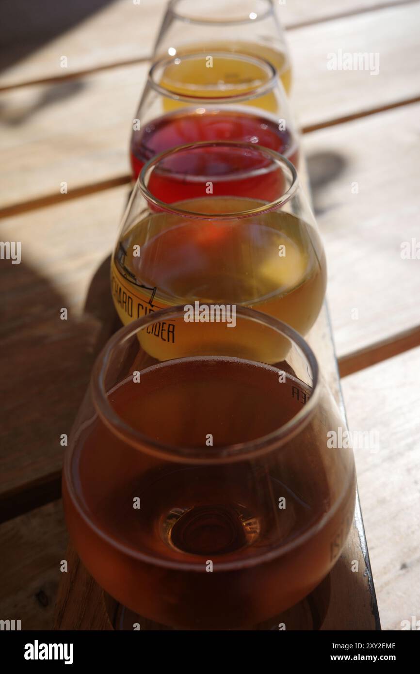 Ein Cidre-Flug bei Island Orchard Cider in Ellison Bay, Wi. Stockfoto