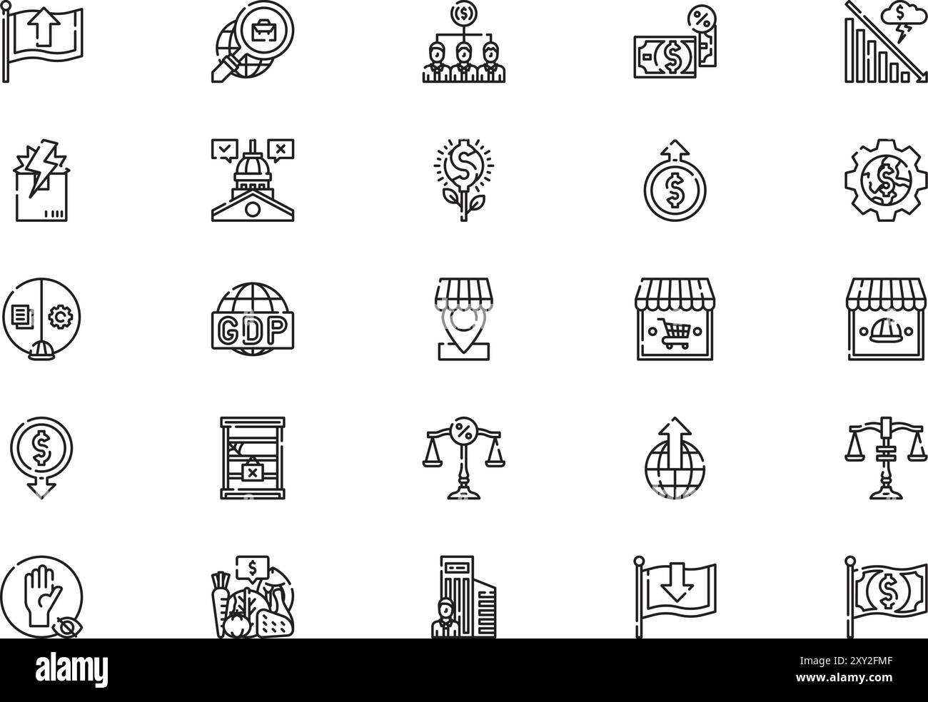 Makroökonomie Icons Collection ist eine Vektorillustration mit bearbeitbarer Kontur. Stock Vektor