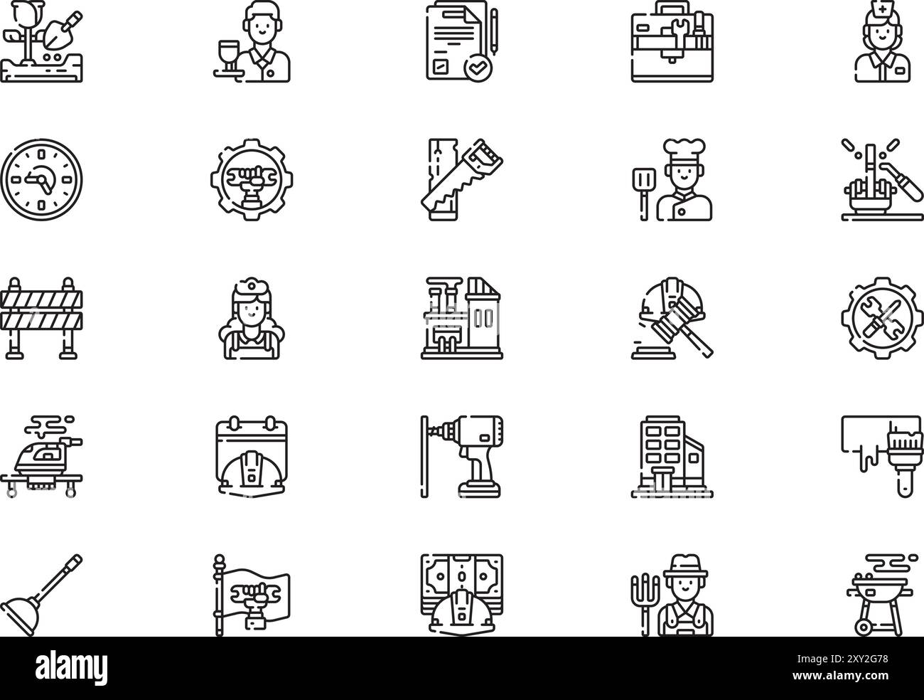 Die Sammlung der Symbole für den Arbeitstag ist eine Vektorillustration mit bearbeitbarem Kontur. Stock Vektor