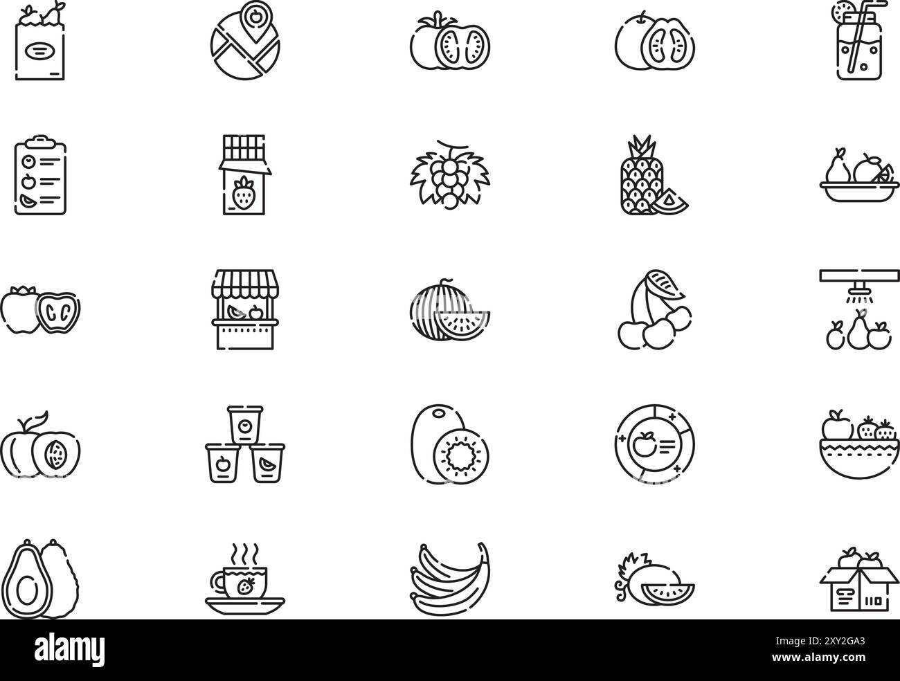 Die Kollektion Fruits Icons ist eine Vektorillustration mit bearbeitbarer Kontur. Stock Vektor