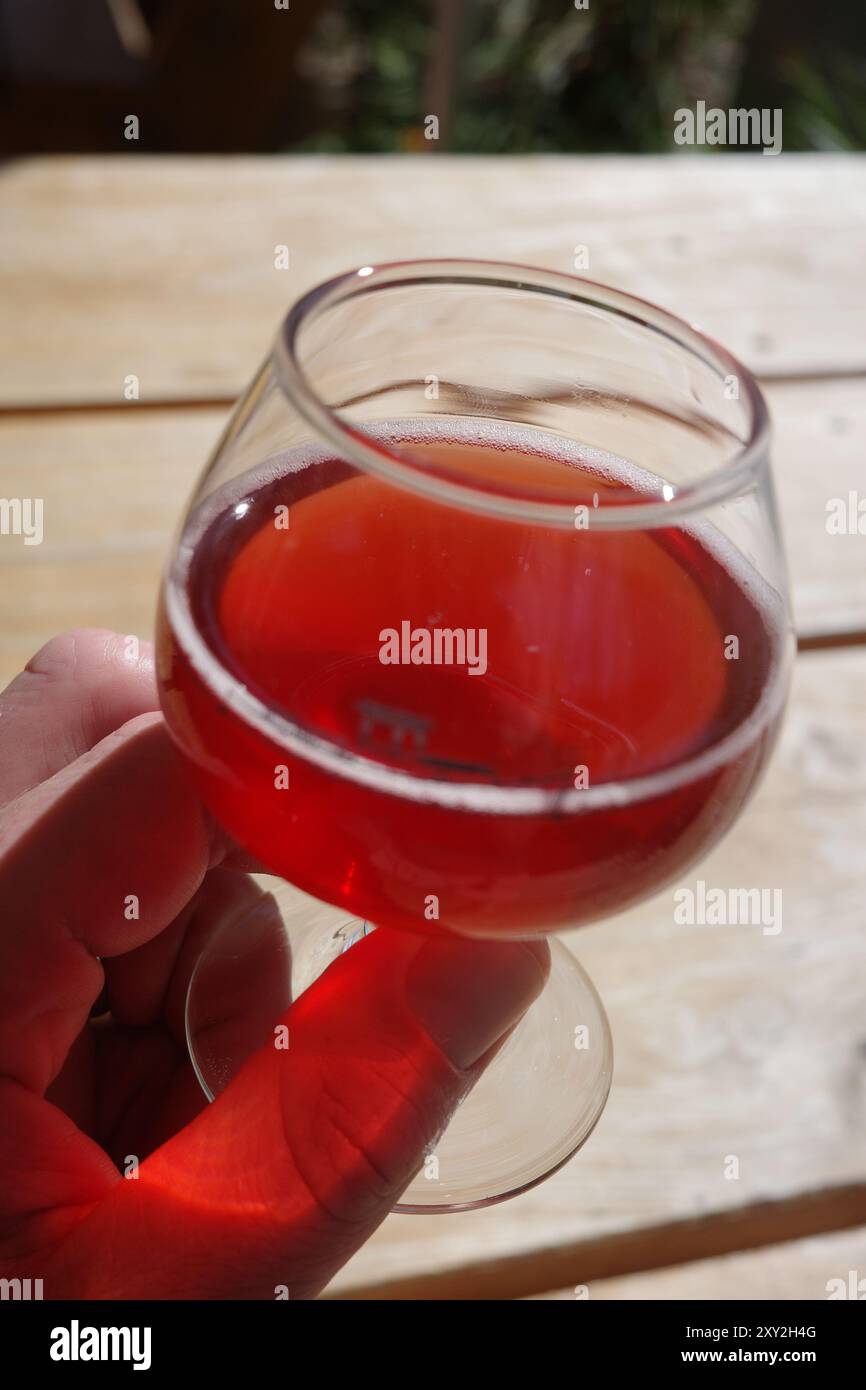 Ein Cidre-Flug bei Island Orchard Cider in Ellison Bay, Wi. Stockfoto