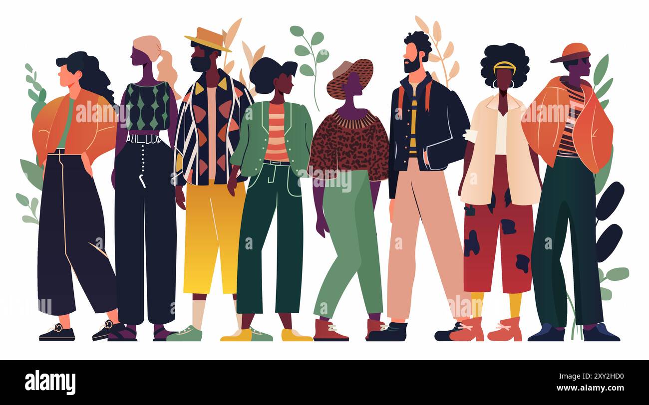 Verschiedene Gruppen von stilvollen Menschen, die zusammen in moderner Kleidung stehen und Pflanzen im Hintergrund haben Stock Vektor
