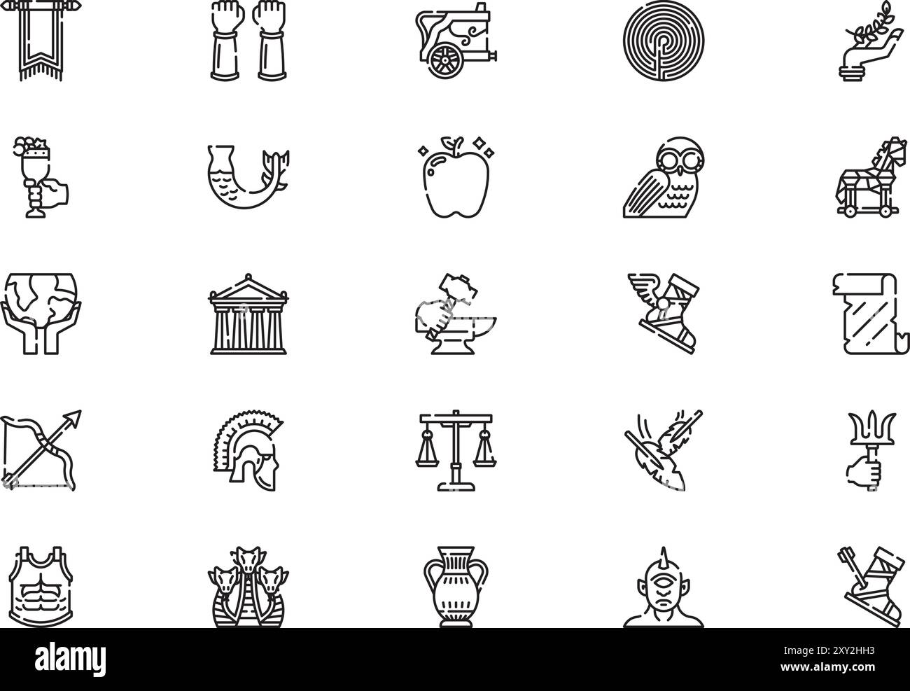 Die Sammlung griechischer Mythologie Icons ist eine Vektorillustration mit bearbeitbarem Strich. Stock Vektor