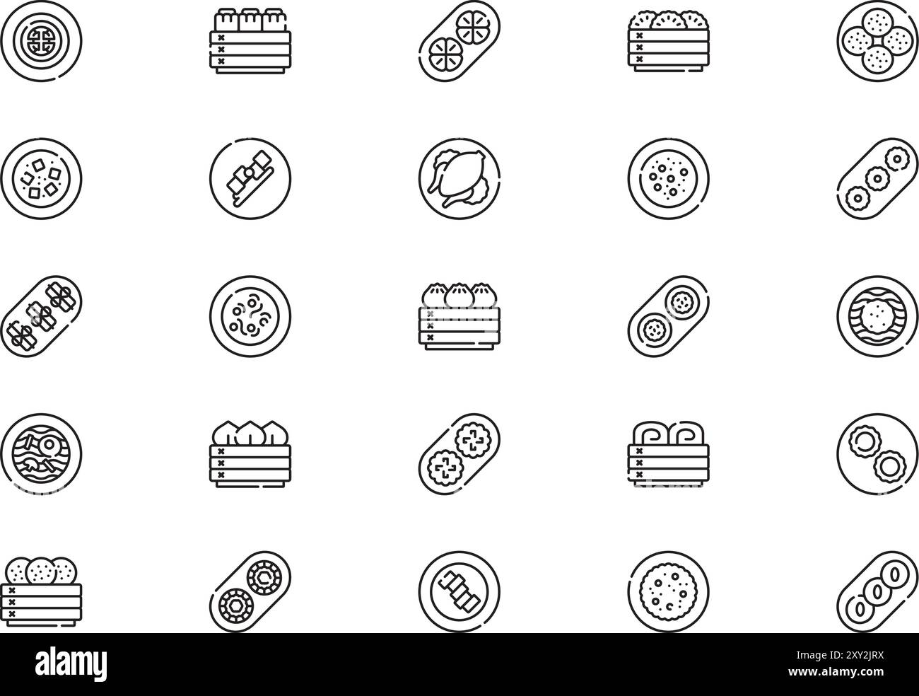 Die Sammlung chinesischer Lebensmittelsymbole ist eine Vektorillustration mit bearbeitbarem Strich. Stock Vektor