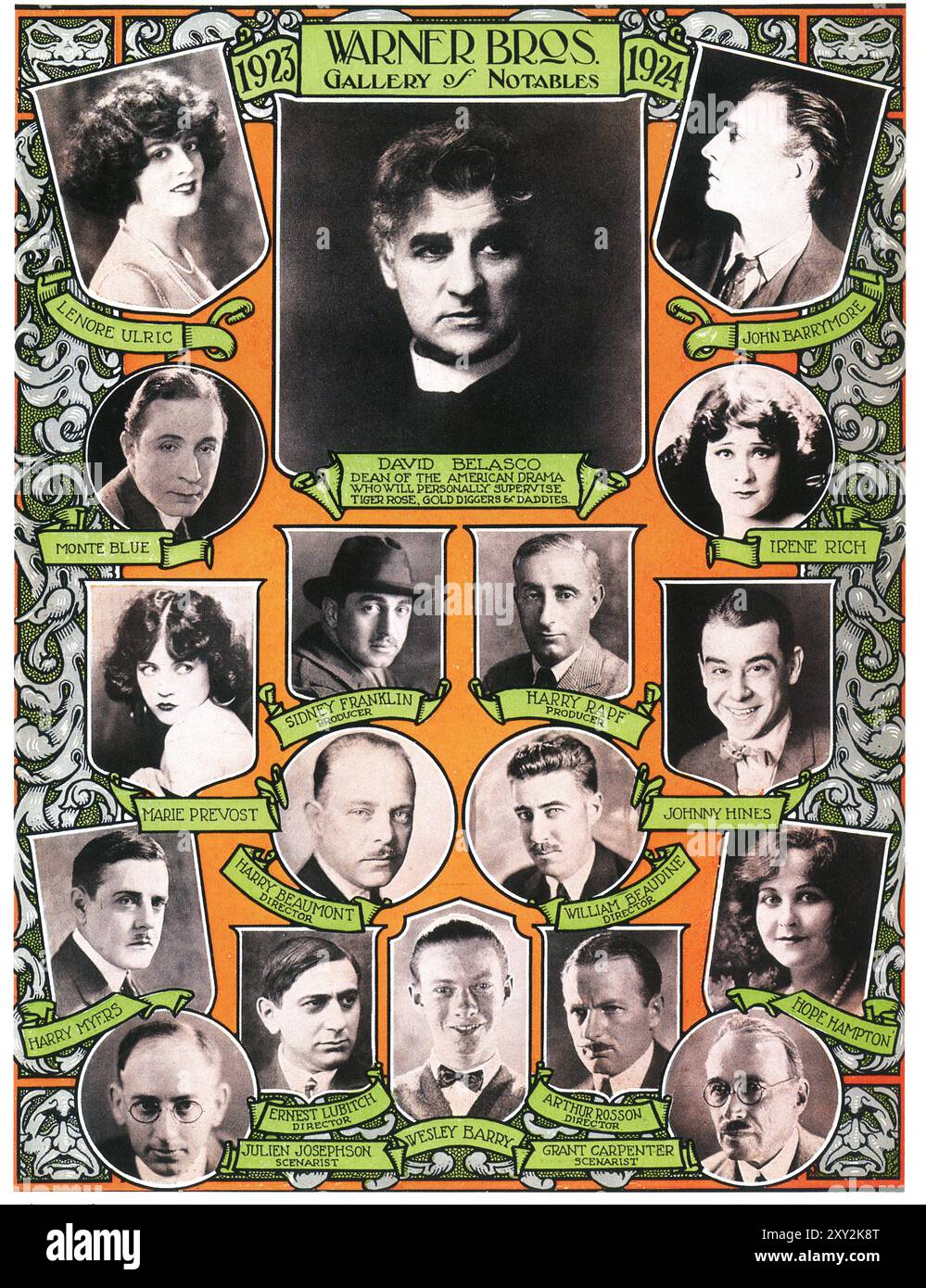 1923 Warner Bros Studio-Werbespot - Gallery of Notables - David Belasco und andere Filmstars Stockfoto
