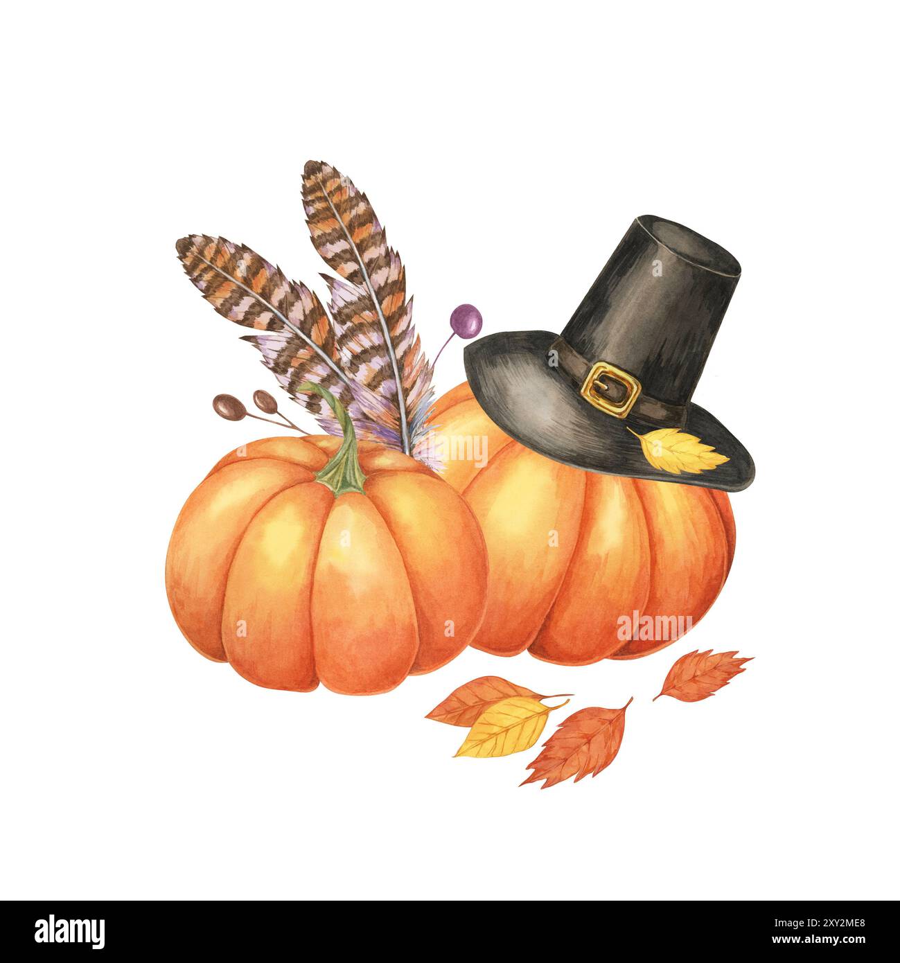 Schwarzer Pilgerhut mit goldener Schnalle, begleitet von putenfedern und zwei orangefarbenen Kürbissen. Isoliertes Clipart in Aquarellfarben für Thanksgiving-Dekor, saisonale Grußkarten oder festliche Waren Stockfoto