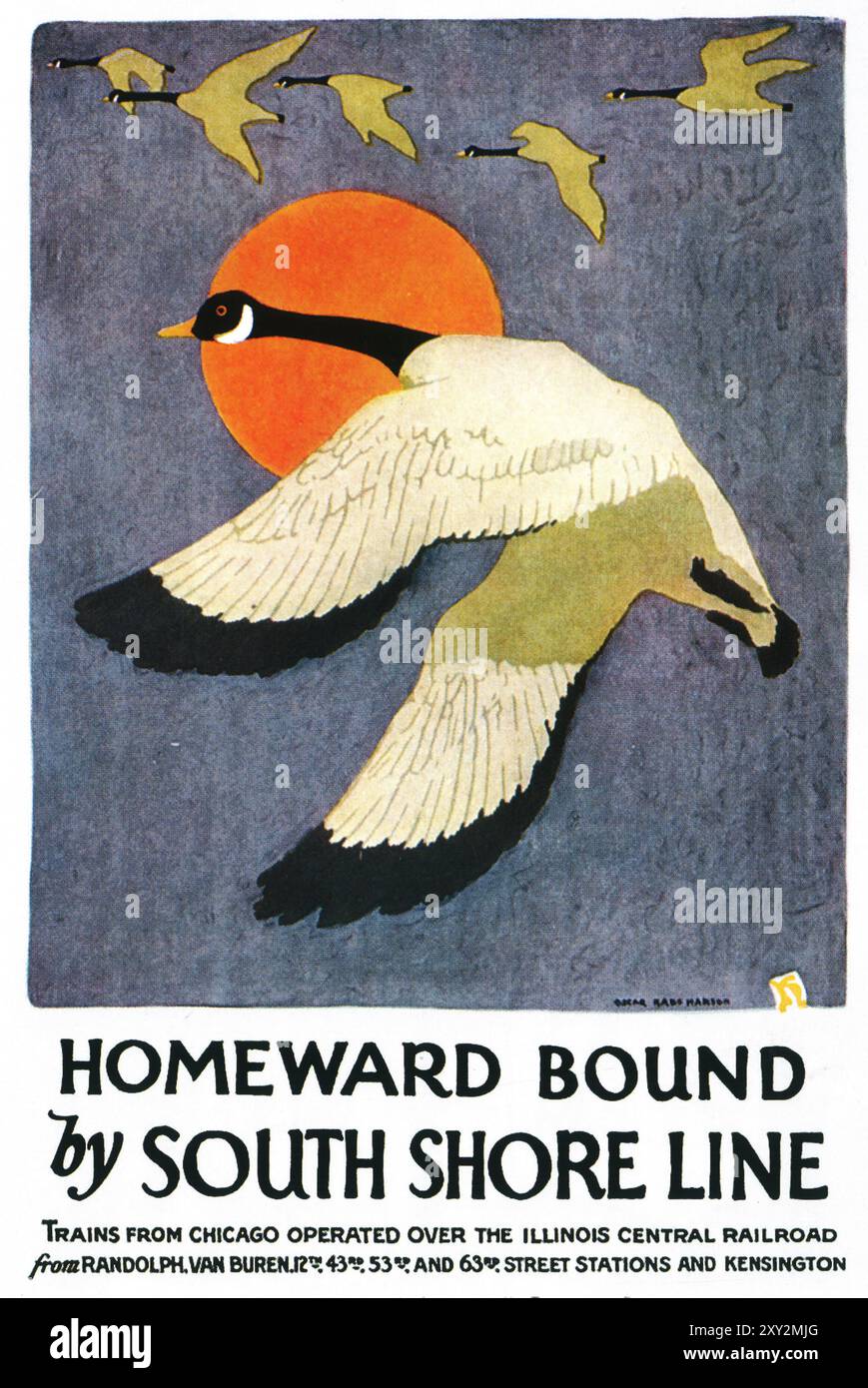1926 South Shore Lines Trains Ad mit Homeward Bound Art von Oscar Rabe Hanson Stockfoto
