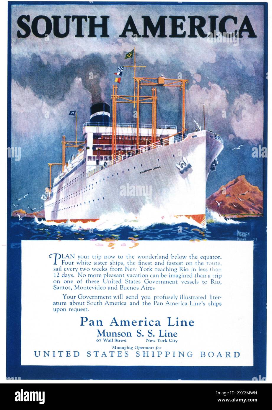 1924 Südamerika Pan Line Dampfschiff Munson Ad - SS American Legion Stockfoto