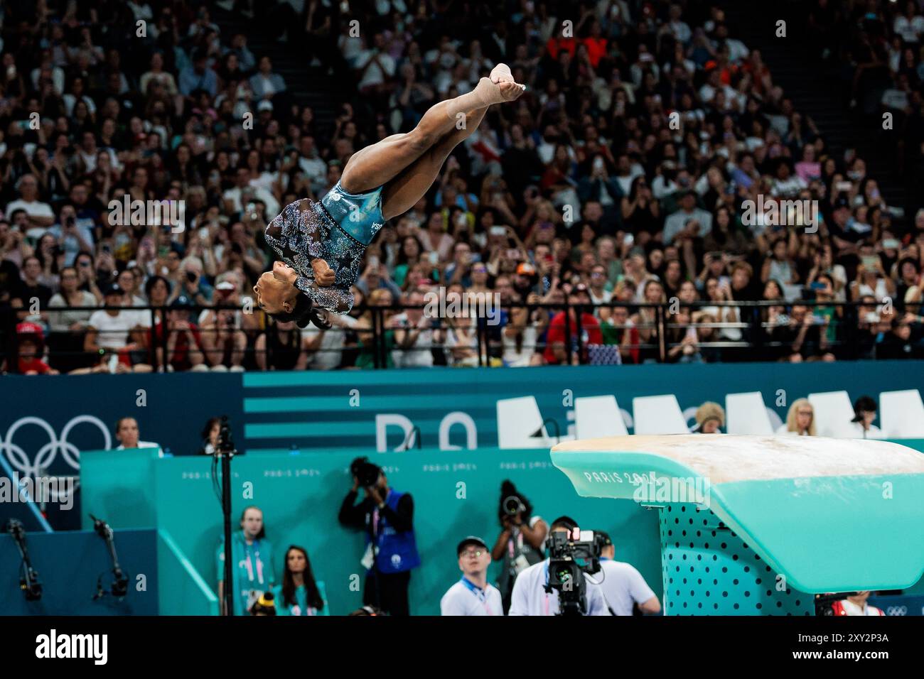 FRA, Paris, Olympische Spiele Paris 2024, Bercy Arena, 28. Juli 2024, olympische Gymnastikspiele - Frauen, Apparate, Qualifikation Simone Biles (USA, Nummer 391) Credit: HMB Media/Steffie Wunderl/Alamy Archival Stockfoto