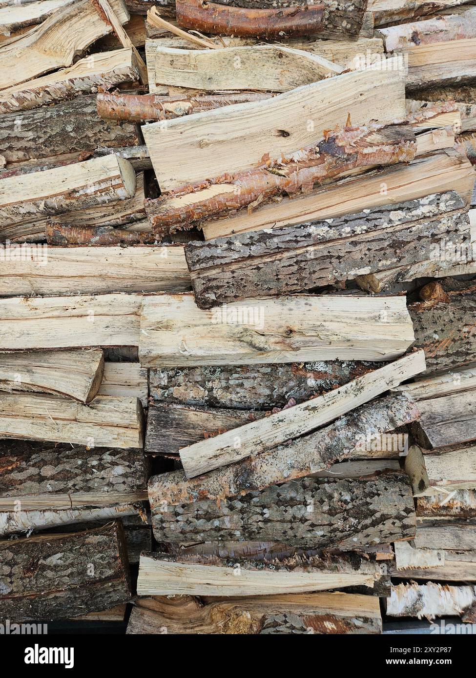 Großaufnahme von Stapelholz-Baumstämmen mit natürlicher Rindenstruktur für das Winterheizkonzept Stockfoto